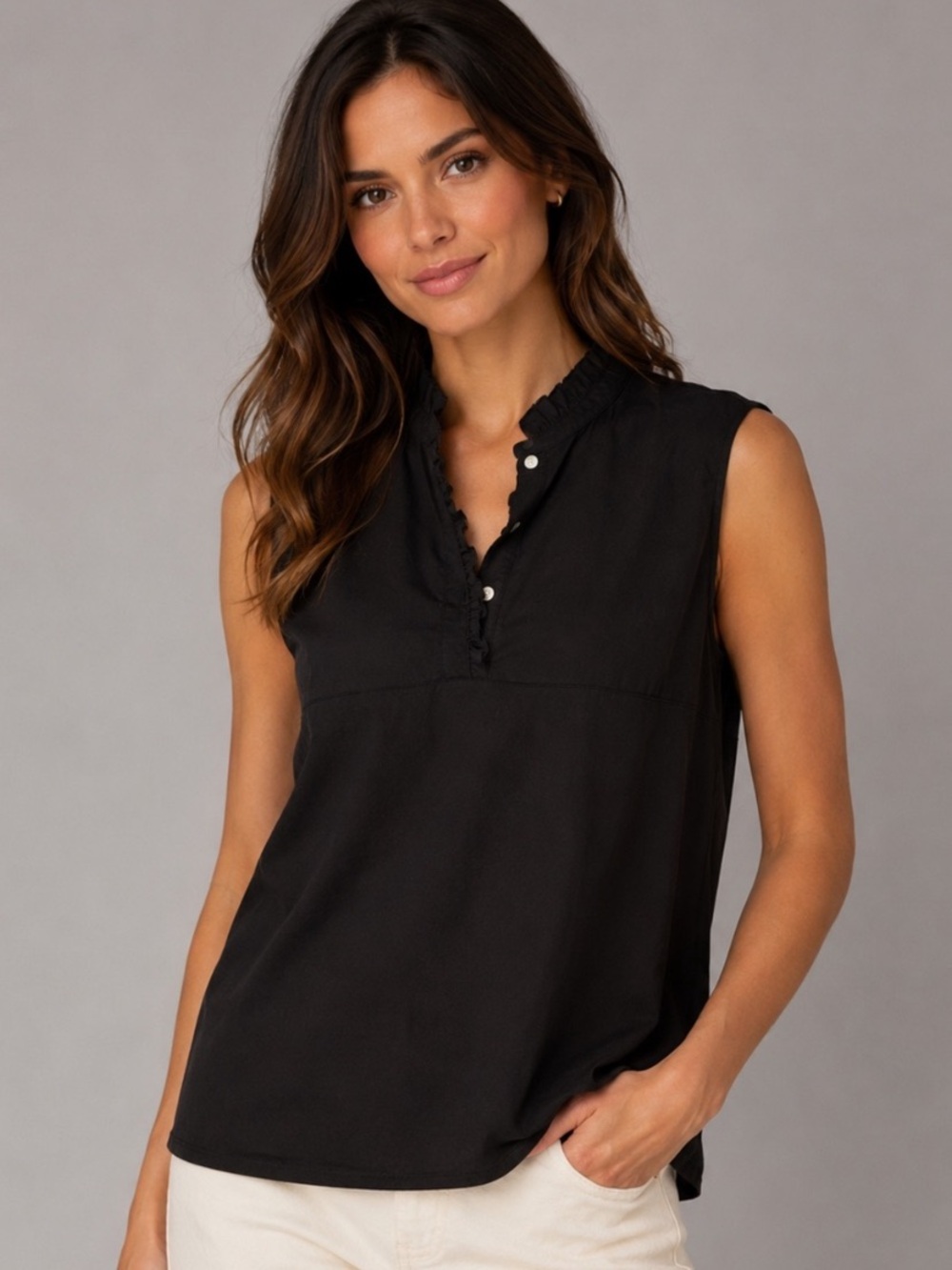 Hinson Wu Black Sleeveless Ruffle Neckline Henley Michelle Elevated Blouse M
